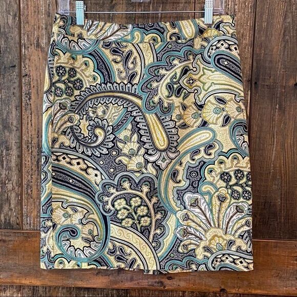 Van Heusen Sz 4 Yellow Teal Paisley Pencil Career Skirt - Picture 2 of 7